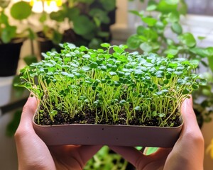 Hands holding a container of sprouted microgreens showcasing fresh herbs and healthy home gardening