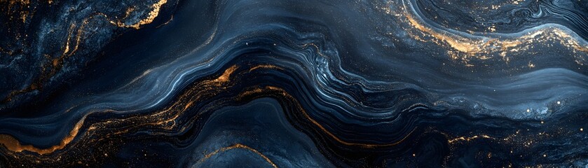 Abstract Swirling Blue and Gold Paint with Glittering Texture