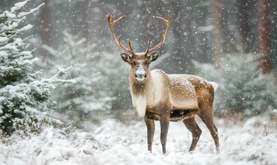 Reindeer standing in snowy forest, snowing.