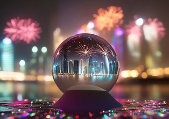 image of a sand globe with qatar doha skyline inside, fireworks in the background, magical effect, realistic style, futuristic background, festive style, new year celebration,generative ai