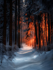 A tranquil forest path stretches through a snowy landscape, illuminated by warm orange light as twilight descends, creating a magical atmosphere among the tall trees.
