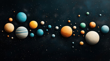 Fototapeta premium Artistic depiction of colorful planets on a dark cosmic background, illustrating a stylized solar system with textured planetary surfaces and scattered starry elements.