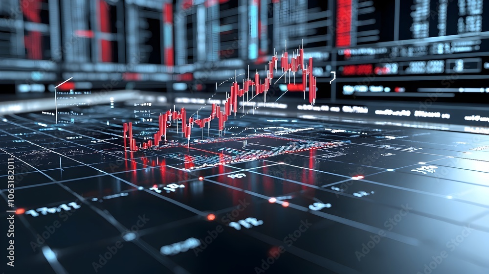 Poster Fluctuating financial chart showing market data and values with a futuristic digital glow effect representing the dynamic nature of the economy and investment trends