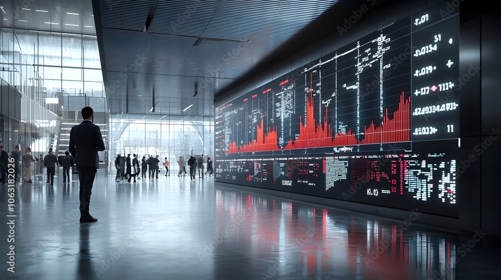 Fototapete futuristic digital dashboard displaying a financial chart with fluctuating market values and a glowi