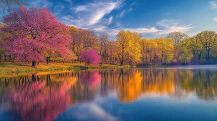 Fototapeta premium A tree-lined riverbank with vibrant spring foliage and blossoming trees reflected in the water