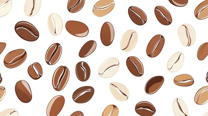A seamless pattern of coffee beans in various shades of brown against a white background.