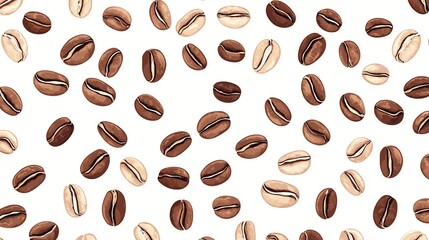 Obraz premium A seamless pattern of coffee beans in various shades of brown against a white background.