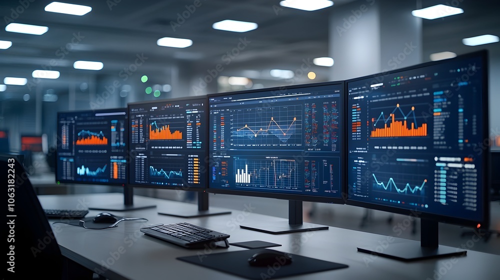 Aufkleber Multiple computer screens displaying bar graphs line charts and other financial data visualizations representing the analysis of business growth and performance trends