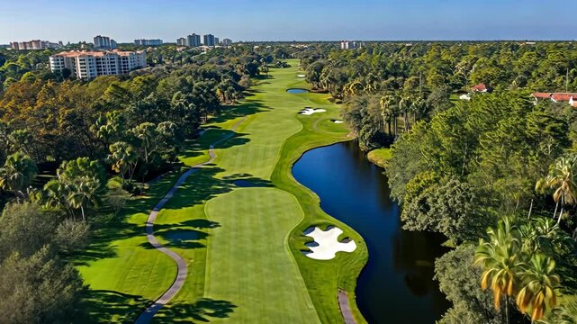 An aerial view of a golf course in Naples, Florida, with lush green grass and a winding waterway