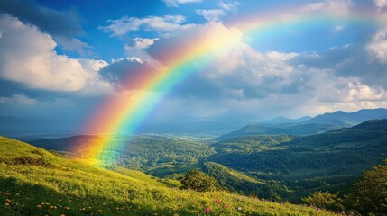 Obraz premium A vibrant rainbow arches across a dramatic sky over a serene landscape with rolling hills