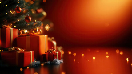 Christmas gift boxes under decorated tree with warm lights