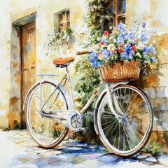 Vintage bicycle adorned with flowers, resting against a charming old wall.