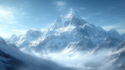 A winter mountain with tall snow-capped peaks towering over an icy valley, with a thin layer of fog in the distant sky.