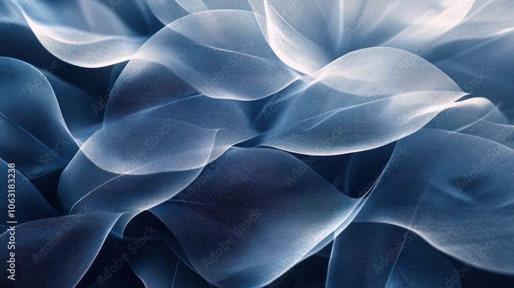 Poster abstract composition of overlapping transparent leaves, creating a unique and organic visual flow