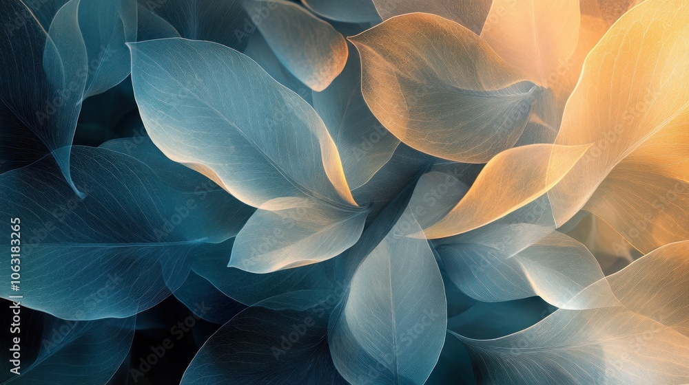 Poster abstract composition of overlapping transparent leaves, creating a unique and organic visual flow