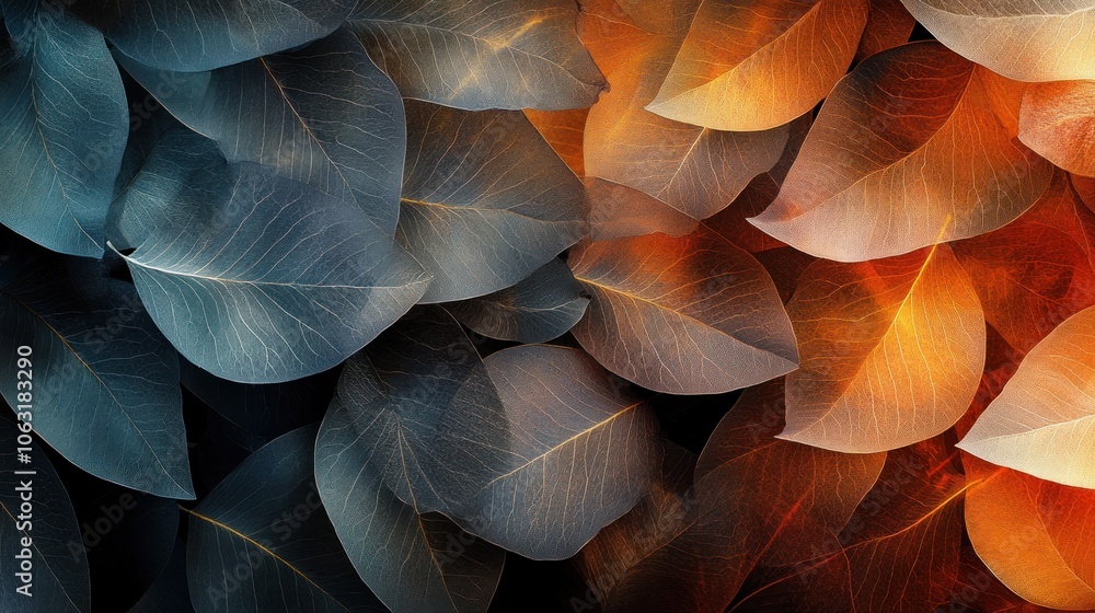 Poster abstract composition of overlapping transparent leaves, creating a unique and organic visual flow