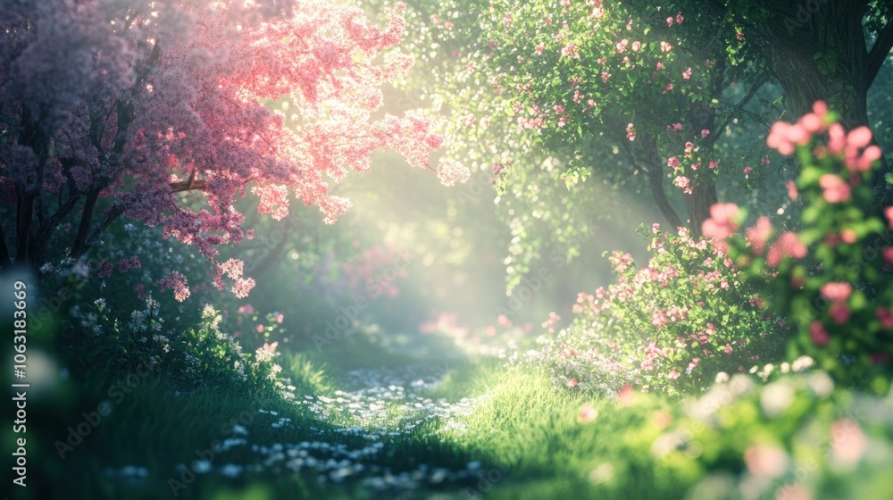 Poster an enchanted spring forest with blooming trees and soft light filtering through, creating a magical 