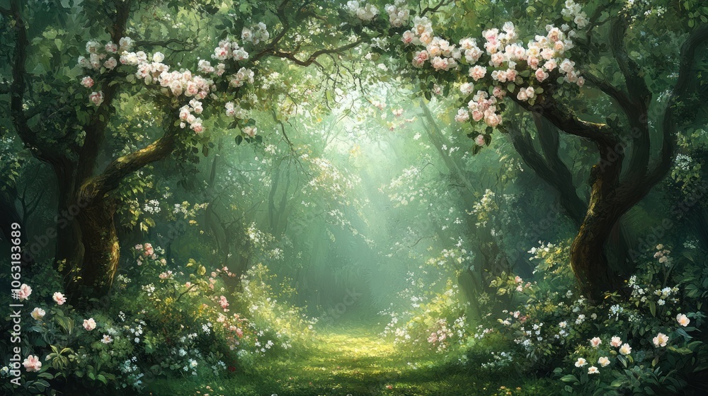 Aufkleber an enchanted spring forest with blooming trees and soft light filtering through, creating a magical 