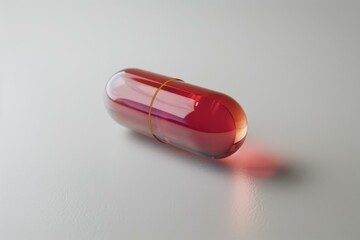 Red pill capsule is lying on a neutral background, casting a subtle shadow