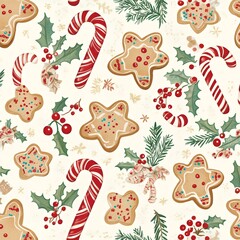 Fototapeta premium Seamless pattern of Christmas cookies, candy canes, holly, and snowflakes on a cream background.