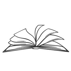 Open story book line icon. Outline hand drawn vintage paper school notebook with turning pages, side view. Reading literature, academic study mascot, simple library book icon vector illustration