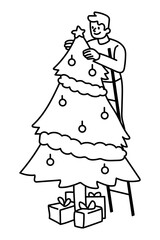 Png man decorating Christmas tree doodle, transparent background