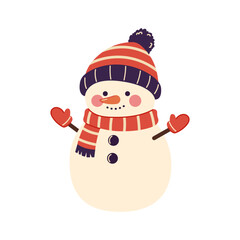 Cute Snowman wearing hat and scarf. Cheerful snowman isolated on white background. Hand drawn illustration