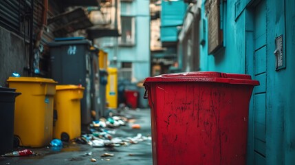 Naklejka premium Close-up of colorful garbage cans in an alleyway, Colorful trash bins in alley with blurred background