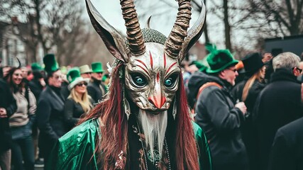 A person wearing a horned mask stands in a crowd of people during a festival