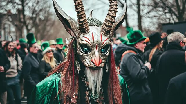 A person wearing a horned mask stands in a crowd of people during a festival