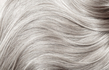 Blond hair close-up as a background. Women's long blonde hair. Beautifully styled wavy shiny curls....