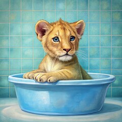 A Lion Cub Taking a Bath, Digital Painting, Blue Tile Background, Adorable, Animal, Bath