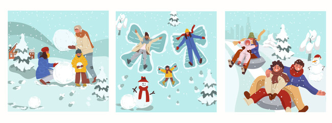 Set of winter illustrations, winter sports, activities, time with family. Hand drawn color flat vector illustration. Hand drawn vector illustration.