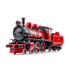 Red and black steam locomotive on a white background.