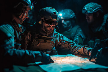 Focused military team with tactical gear analyzing map at night