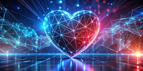 Fototapeta premium Digital Heart in a Network of Light, 3D Render, Network, Heart, Love