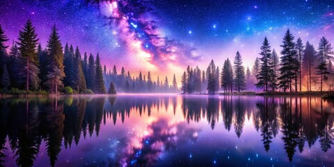 Fototapeta premium Forest Reflection in a Starry Night, Milky Way, Night Sky, Lake, Trees, Reflection, Stars