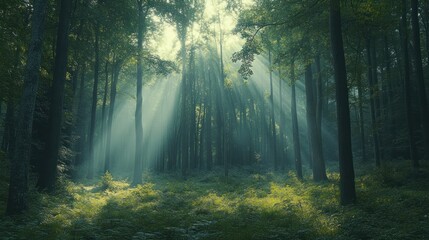 Naklejka premium Cinematic view of a spring forest with towering trees and sunlight streaming through, casting dappled light on the fresh green foliage below