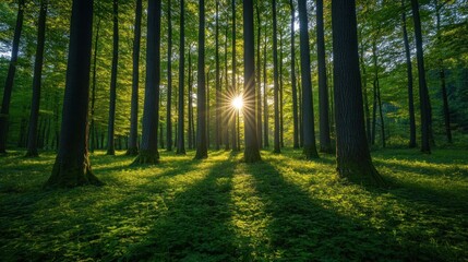 Obraz premium Cinematic view of a spring forest with towering trees and sunlight streaming through, casting dappled light on the fresh green foliage below