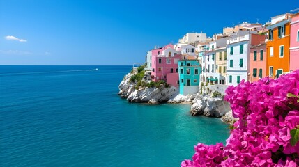 Picturesque coastal village of Cinque Terre Italy with colorful houses perched along the dramatic cliffs overlooking the Mediterranean sea This scenic