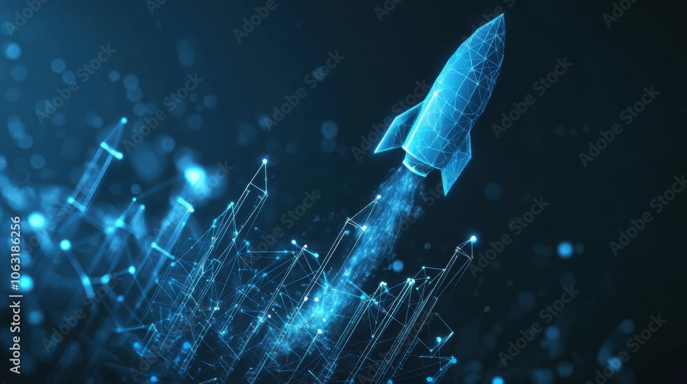 Poster abstract growth graph chart with launch rocket on technology blue background. startup and success bu