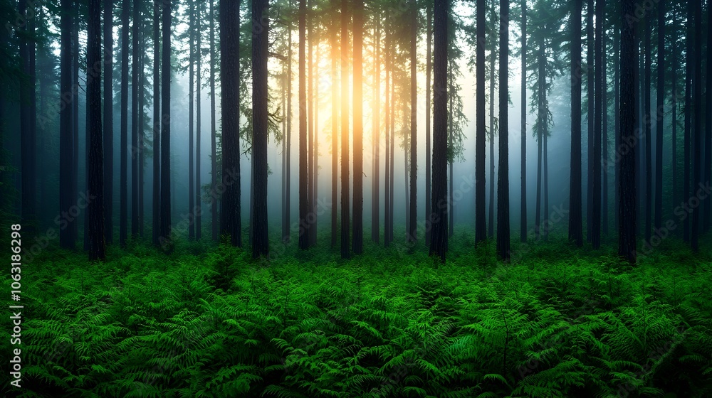 Poster Enchanting sunlight streaming through the misty hazy canopy of an evergreen forest in the serene wilderness of Oregon creating a dreamy ethereal atmosphere