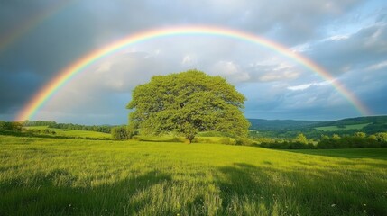 Naklejka premium Clear rainbow spanning across a calm countryside scene with scattered clouds and vibrant greenery