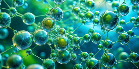 Interconnected Spheres, a 3D rendering of abstract green and blue spheres connected by thin lines, representing molecular structure, scientific illustration, microscopic world. 3D, Abstract, Molecular