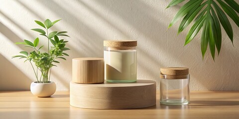 Minimalist Product Display with Wooden Podium and Sunlight, product mockup, display, minimal,