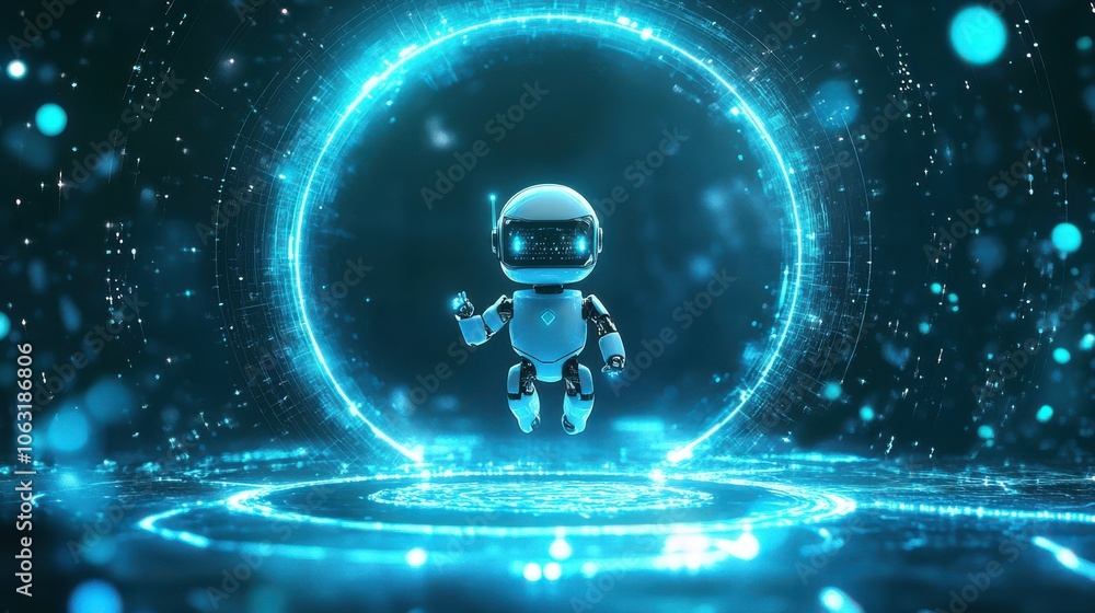 Poster 3d abstract digital ai robot floating above a light blue neon portal. technology innovation backgrou