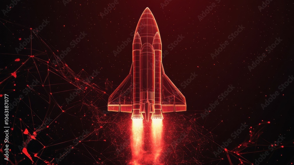Poster abstract space shuttle and arrows up. digital rocket launches. start-up and success business start c