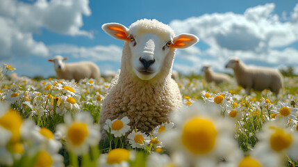 sheep on  the field of flowers, surrounding and looking down at the camera