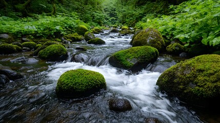 Obraz premium Serene and peaceful forest stream flowing gracefully over mossy rocks in the lush verdant landscape of the Pacific Northwest region of the United States