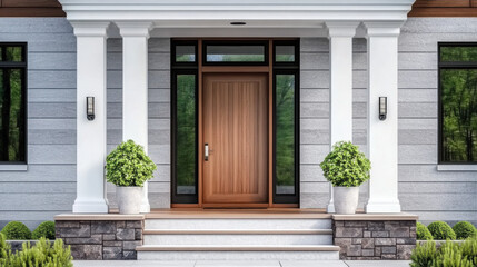 A wooden front door, surrounded by windows, with white, blue, and stone siding